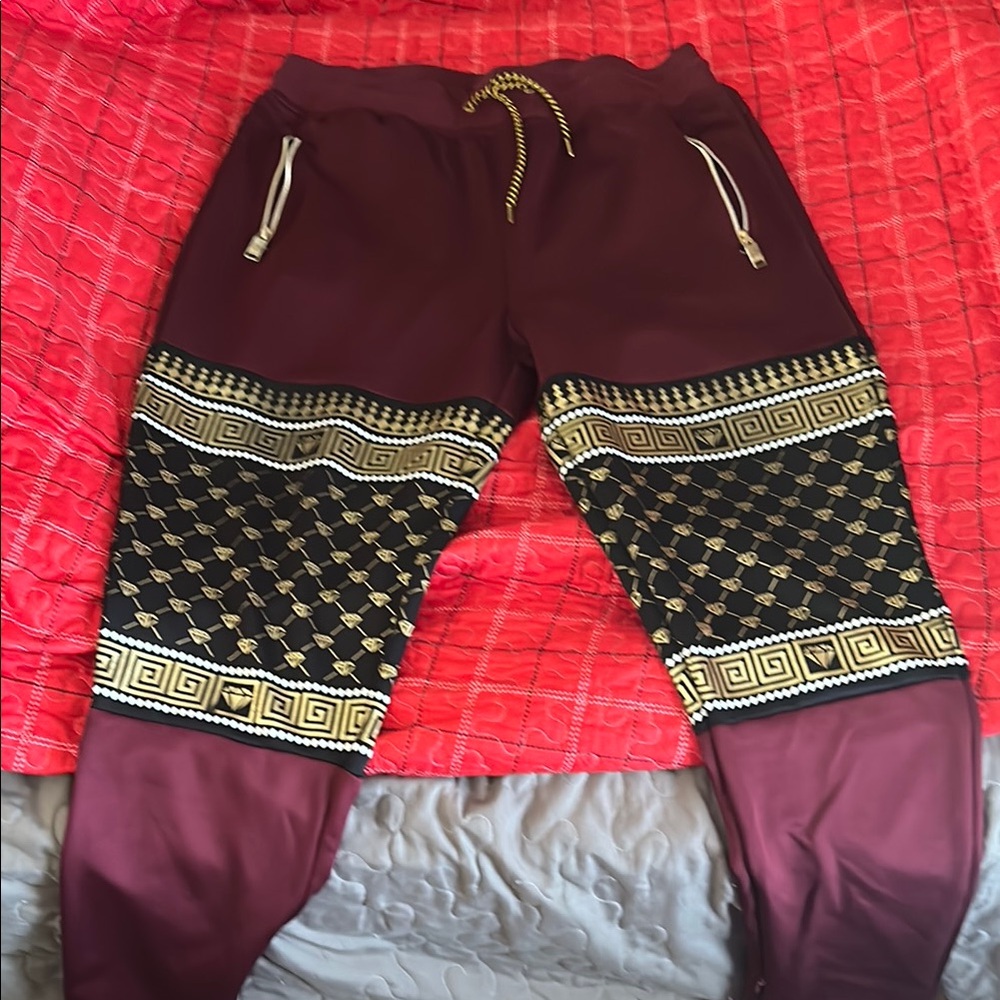 Stylish Burgundy and Gold Patterned Joggers